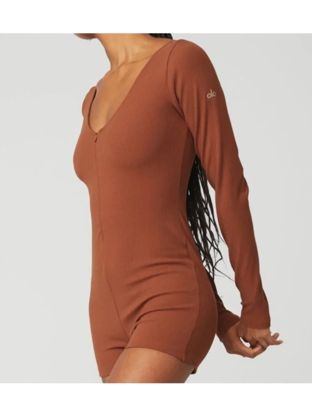 Alo Keep It Sleek Ribbed Onesie Rust Zipper Zip Henley One-Piece Jumpsuit Romper